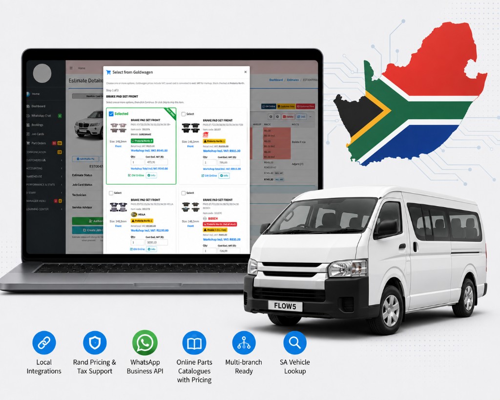 Flow5 with local part supplier lookup on a laptop, next to a South African workshop van and map